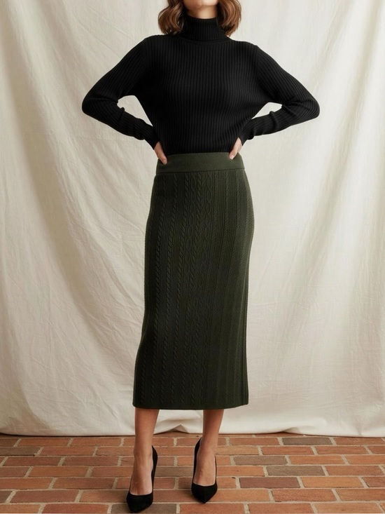 Sezane Dresses & Skirts - SÉZANE Marilou Merino Wool/Cotton Cable Knit Midi Skirt, Khaki, Large